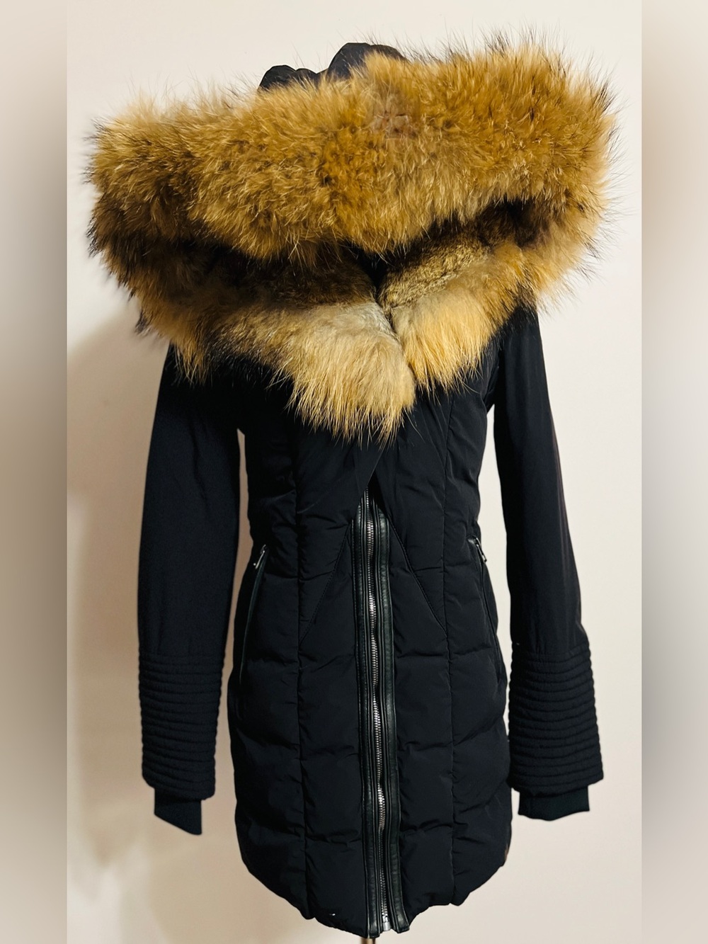 RUDSAK Quilted Down Puffer Coat with Fur Hood and Leather Trimmings